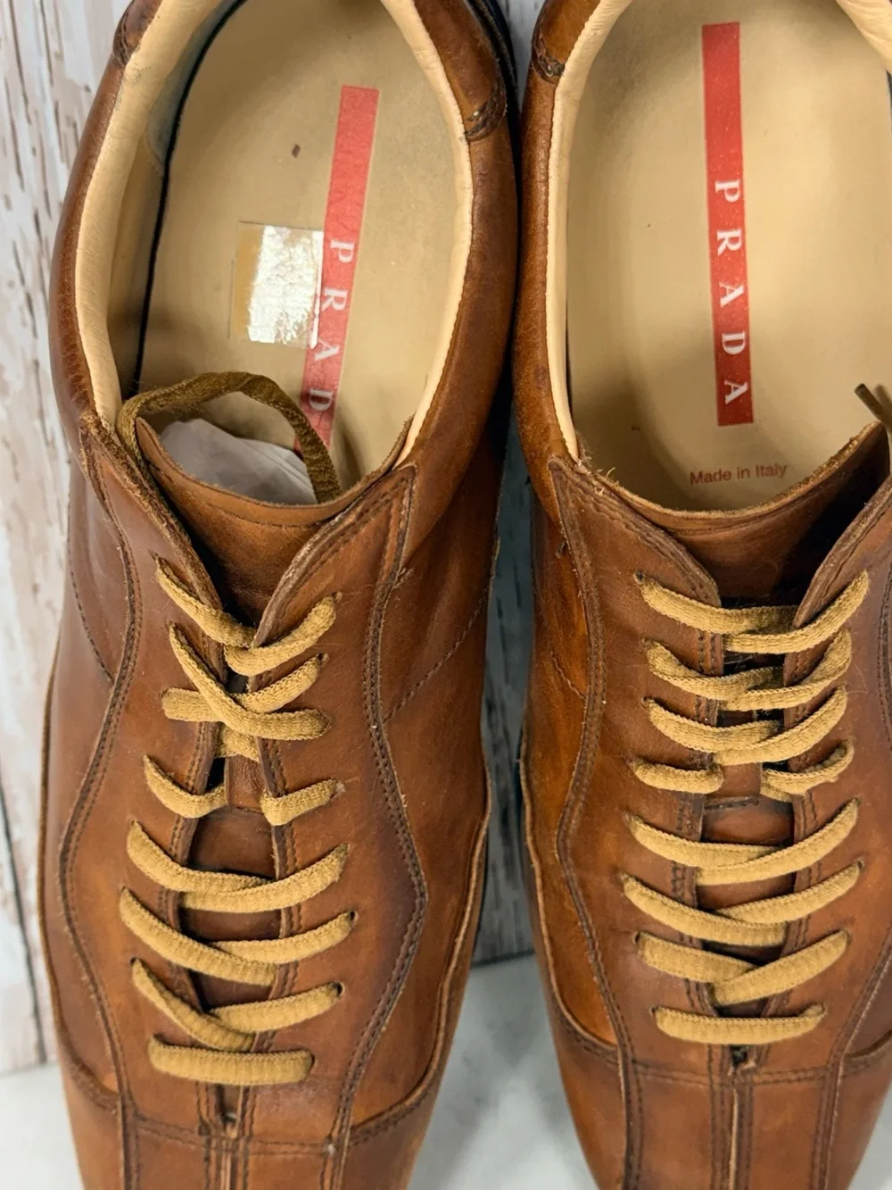 Prada Shoes Men Carame Brown Leather Luxury Sneakers Prada Size 9 US Size 10